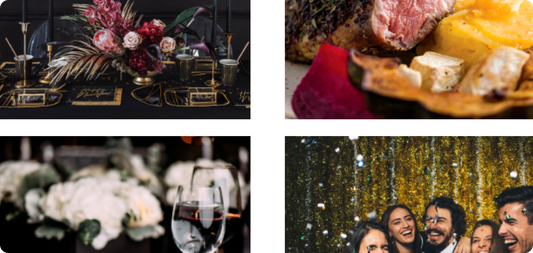Four images depicting a wedding reception featuring elegant decorations and a variety of appetizing food options.